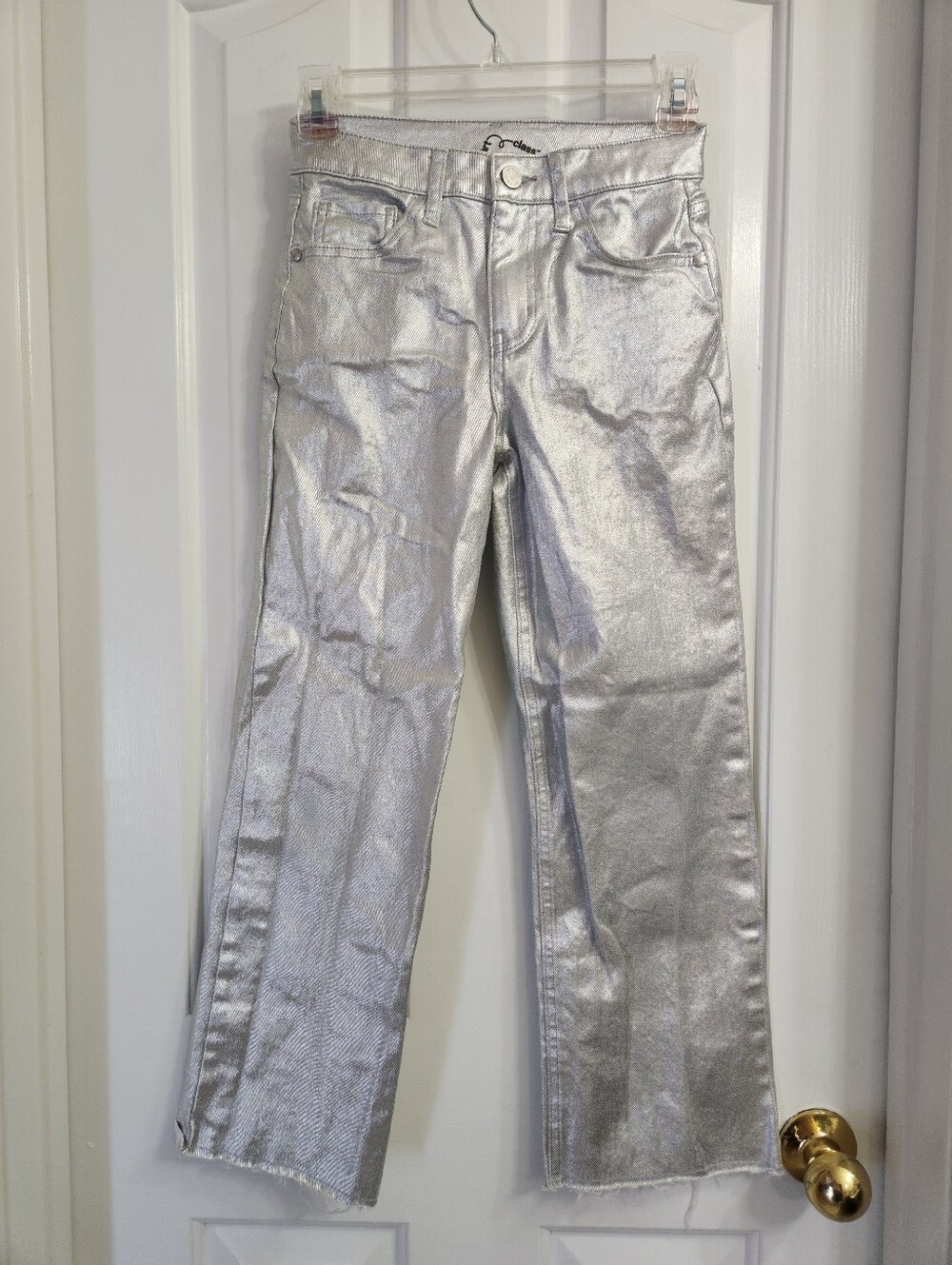 Art Class Girls' High-Rise Baggy Metallic Wide-Leg Denim Pants in Silver.